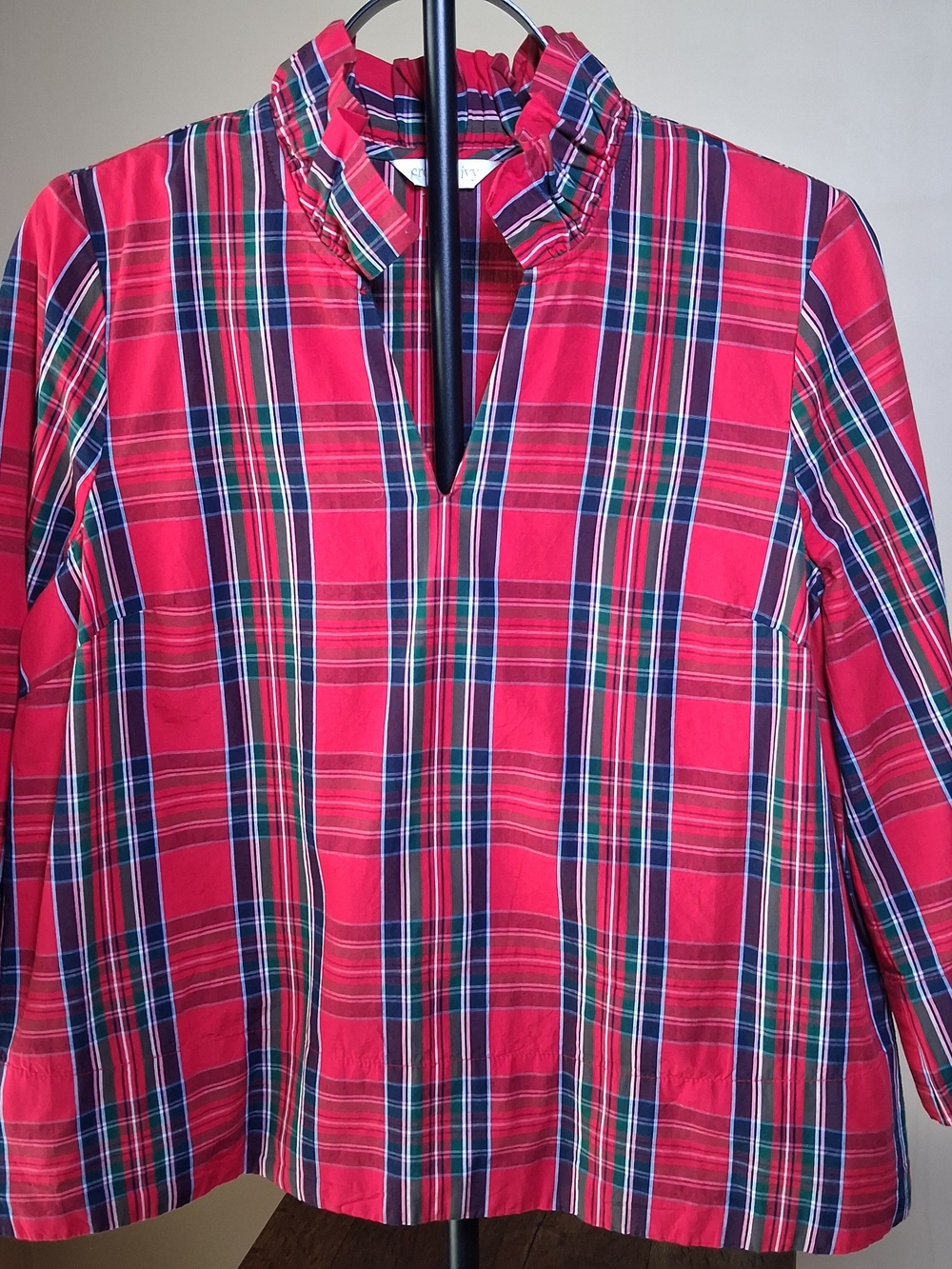 Crown & Ivy Women's Tartan Plaid Ruffle Neck Top; Size PS; 100% Cotton